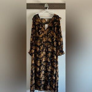 A New Day Long Sleeve Sheer Maxi Dress - Black Brown Floral Womens XXL NEW